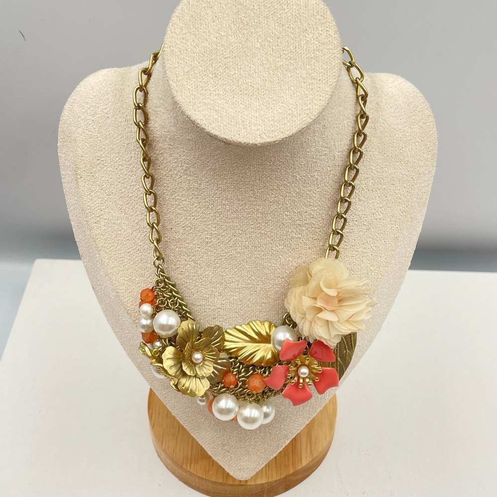 Vintage 90s Robert Rose Floral Bib Necklace Gold Tone Glass Pearl Coral Pink